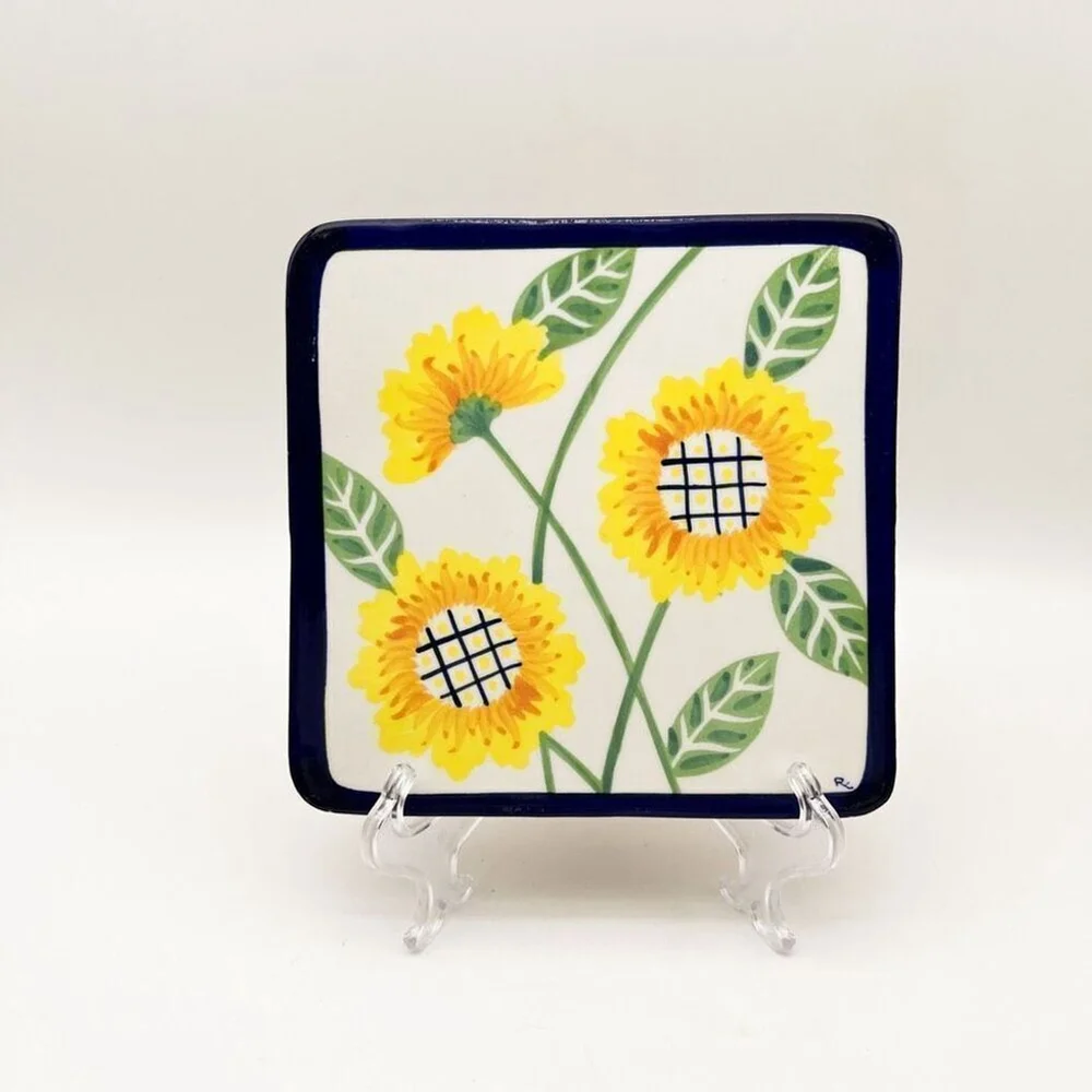 Mexican Pottery Handmade Tile Trivet Handpainted Sunflowers Square 7” Mexico‎